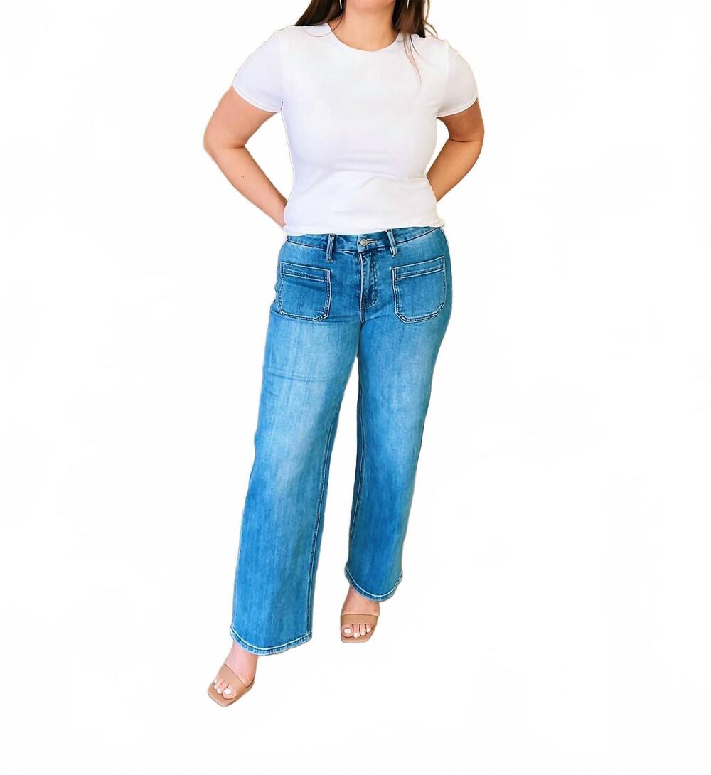NEW VERVET BY FLYING MONKEY nova wide leg jeans in washed blue